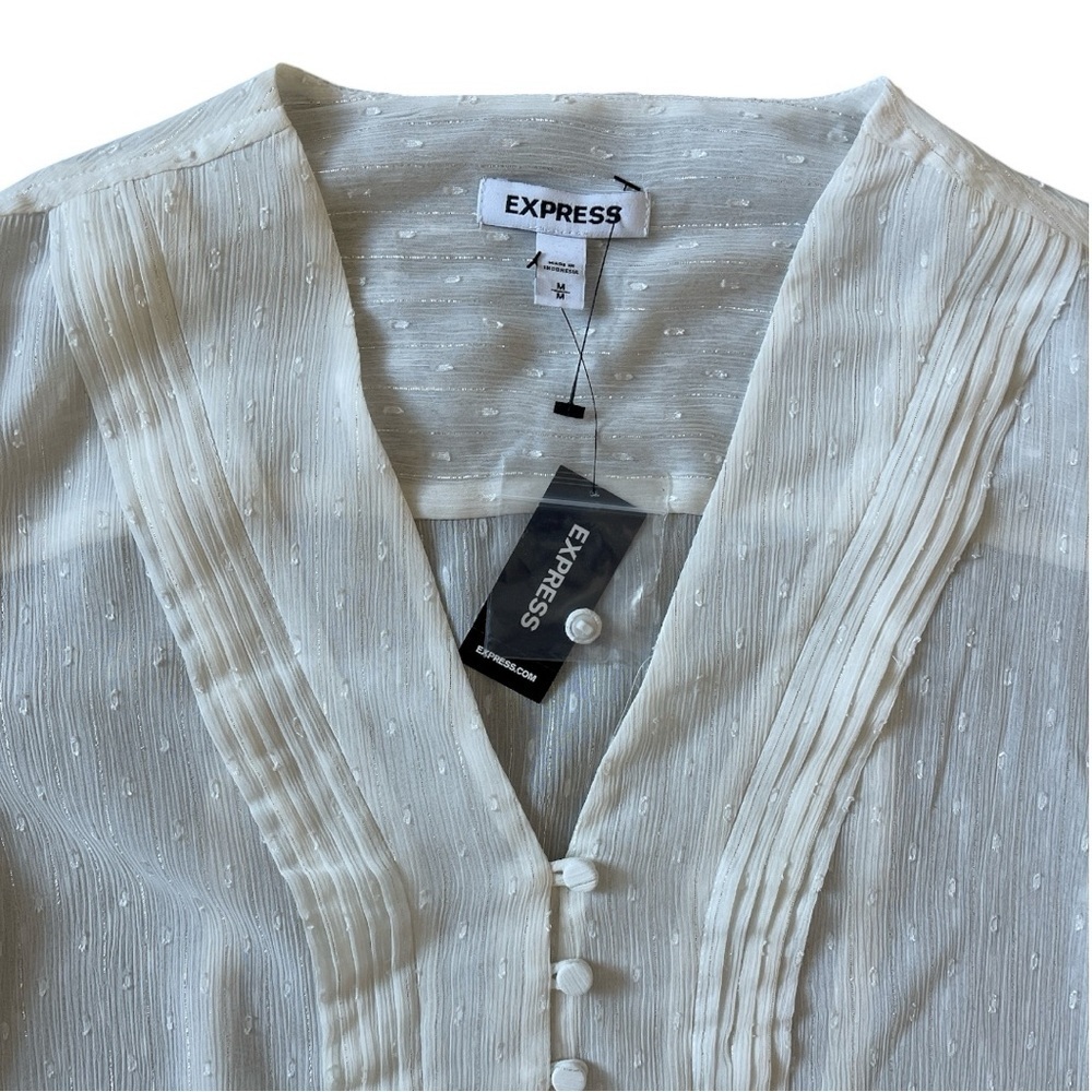 Express White Metallic Pleated Button Front Blouse Size M - Picture 4 of 5